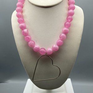 Bubble Gum Pink Beaded Necklace with Wire Open Heart Pendant in Silver Tone